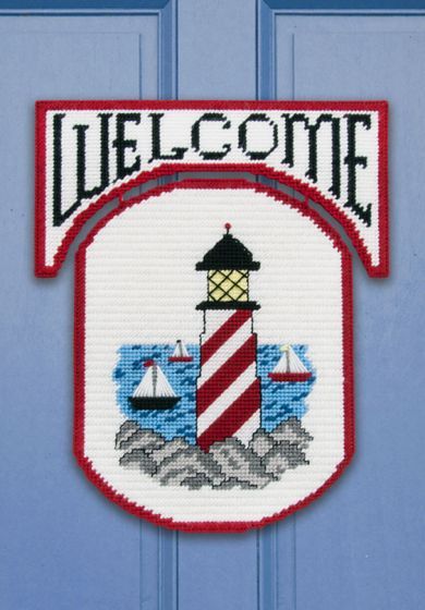 Mary Maxim - Lighthouse Welcome Sign Plastic Canvas Kit - Plastic Canvas Plastic Canvas Home Decor, Plastic Canvas Lighthouse, Lighthouse Plastic Canvas Patterns, Plastic Canvas Kits, Plastic Canvas Welcome Signs, Lighthouse Plastic Canvas Wind Sock, Plastic Canvas Lighthouse Pattern, Plastic Canvas Patterns Free Wall Hangings Welcome Signs, Plastic Canvas Ocean Patterns