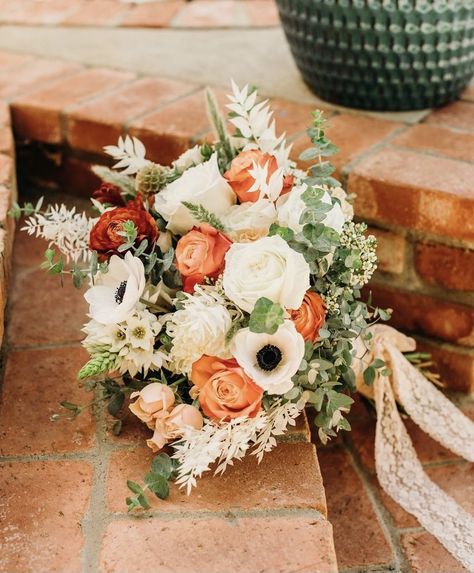 Terracotta And Sage Bridal Bouquet, Dahlia And Greenery Bouquet, Orange Rose And Eucalyptus Bouquet, Wedding Bouquets Orange And Green, Ranaculus Flowers Wedding, Orange Peony Bouquet, Terracotta And Eucalyptus Wedding Flowers, Real Fall Wedding Flowers, White And Burnt Orange Wedding Flowers