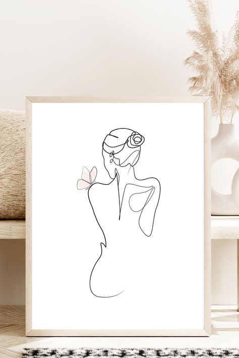 Elegant minimalist line art drawing of a woman undressing with a delicate pink butterfly on her shoulder. Set in a natural frame against soft, beautiful boho decor with subtle lighting. Woman Minimalist Drawing, Line Art Body Shape, Apartment Mural, Minimalist Line Art Woman, Butterfly Decorations Bedroom, Pink Line Art, Feminine Line Art, Butterfly Boho, Line Drawing Woman