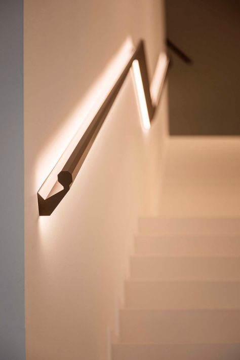 LED Lighting Above And Below The Handrail Illuminates These Stairs Staircase Handrail Lighting, Wall Handrail Design, Stairs With Led Lights, Stair Lights Indoor, Stairs Light, Handrail Lighting, Stairs Lighting, Led Stair Lights, Wall Mounted Handrail