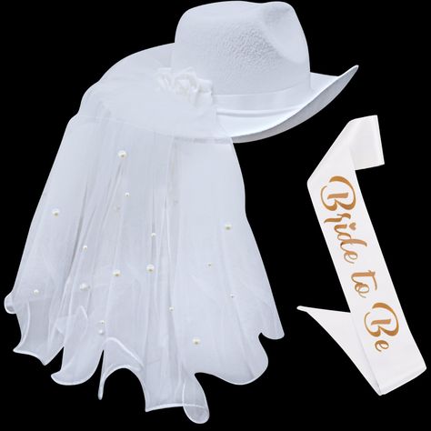 Cowboy Hat With Veil, Cowgirl Hat With Veil, Cowboy Hat Bachelorette, Cowboy Hat Bride, Bride Cowgirl Hat, Bride Cowboy Hat, Bride Sash Bachelorette, Bridal Shower Veil, White Cowboy Hat