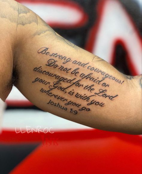 Bible Verse Tattoo Ideas, Bible Scripture Tattoos, Christian Tattoos Men, Aura Tattoos, Bible Quote Tattoos, Arm Quote Tattoos, Scripture Tattoos, Bicep Tattoo Men, Tattoo Ideas Males