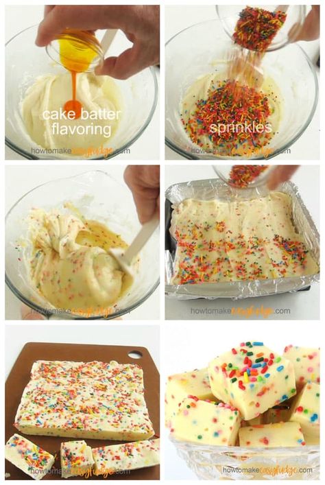 This Cake Batter Funfetti Fudge loaded with rainbow sprinkles makes the perfect treat for a birthday party or any festive celebration. This fudge is velvety smooth and tastes like you are biting into a slice of creamy yellow cake. Recipe at HowToMakeEasyFudge.com. #fudge #funfetti #sprinkles Funfetti Fudge, Funfetti Sprinkles, Vanilla Fudge Recipes, Birthday Cake Fudge, Slice Of Birthday Cake, Cake Batter Fudge, Easy Fudge, Yellow Cake Recipe, Vanilla Fudge