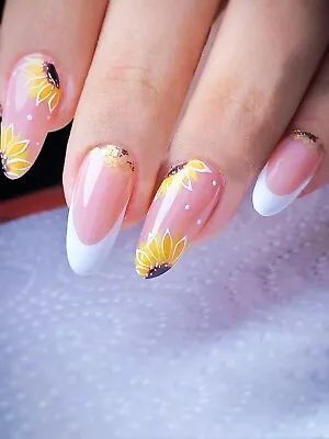 24pcs Medium-Length Nails White French Style With Sunflowers Nail Art Decoration | eBay Sunflower Wedding Nails, Cute Simple Fall Nails, Fall Nail Ideas Simple, Fall French Tip Nails Designs, Yellow And White Nails, Sunflower Nails Design, Preppy Nails, Length Nails, Sunflower Nail Art