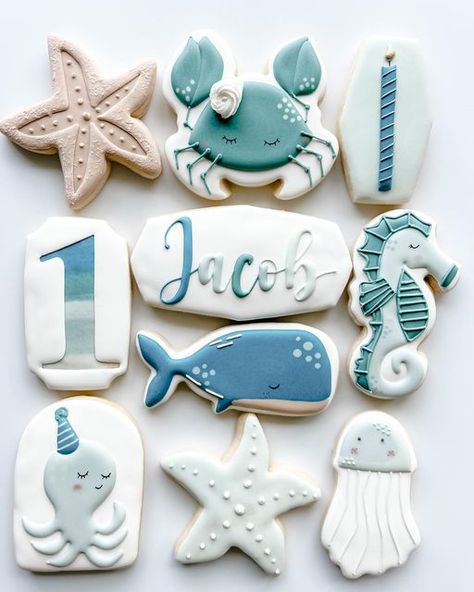 Sea Birthday Party Decorations, Under The Sea Themed Party, Cute Sea Creatures, Sea Invitation, Whale Birthday, First Birthday Cookies, Ocean Theme Birthday, Ocean Birthday Party, Ocean Theme Party