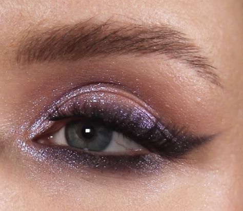 Dark Purple And Silver Eye Makeup, New Years Eye Shadow, Purple Grey Eyeshadow, Midnights Makeup, Dark Purple Makeup, Lilac Eyeshadow, Silver Eye Makeup, Shimmer Eye Makeup, Silver Makeup