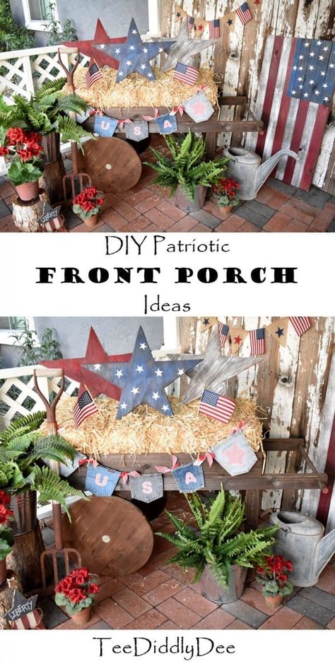 Garden Flags Ideas Front Porches, Patriotic Front Porch Ideas, Garden Flags Ideas, Patriotic Front Porch, Patriotic Porch, Flag Diy, Patriotic Diy, Memorial Day Decorations, Summer Decorations