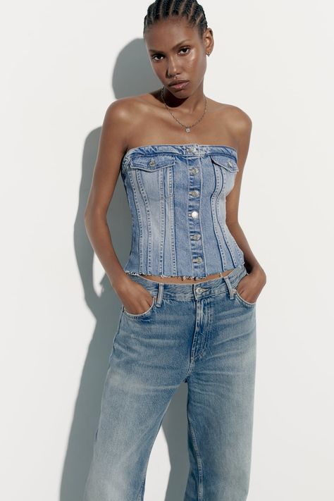 Denim Tube Top, Looks Jeans, Denim Corset Top, Top Bustier, Organza Top, Corset Tops, Blue Corset, Denim Crop Top, Denim Corset