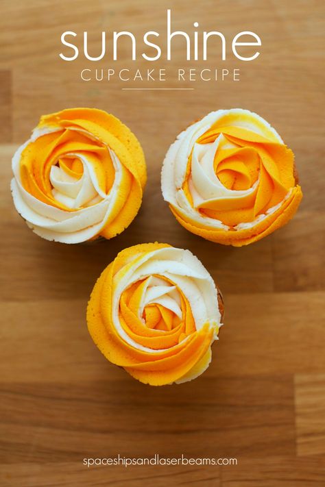 Summer Cupcake Recipe Sunshine Birthday Cupcakes, Sun Cupcakes Ideas, Orange And White Cupcakes, Sun Cupcake Cake, Sunshine Cupcakes Ideas, Here Comes The Sun Cupcakes, Here Comes The Son Cupcakes, Sun Cupcakes, Summer Cupcake