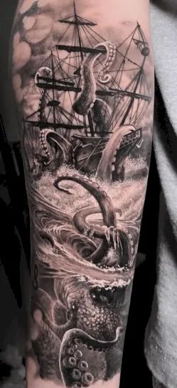 What Does An Octopus Tattoo Mean? Kraken Tattoos, Pirate Tattoo Sleeve, Sea Tattoo Sleeve, Tattoo Ideas For Ladies, Ship Tattoo Sleeves, Pirate Ship Tattoos, Ocean Sleeve Tattoos, Nautical Tattoo Sleeve, Octopus Tattoo Sleeve