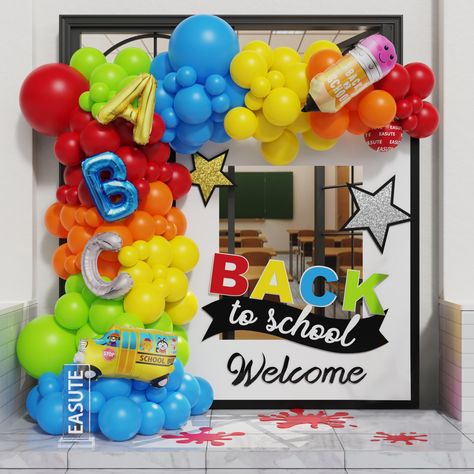 PRICES MAY VARY. Package Include: all the balloons are 175pcs. 3pcs 16inch letter ABC, 1pc 28inch school bus, 1pc 22.83*9.05inch pencil foil balloon,2pcs 18inch,75pcs 10inch,90pcs 5inch,1pc dot glue,1pc balloons chain,1pc ribbon. High Quality: The balloons are made of high-quality and non-toxic natural material, Safe to be Used for Children. Every balloons have been rigorously tested and selected manually, they are sturdy enough to stand long-hour display. Easy To Use: just DIY what you want! We Back To School Bash Decorations, Back To School Balloon Decor, First Day Of School Decoration, School Balloon Garland, Back To School Balloon Garland, Back To School Balloon Arch, Back To School Decoration Ideas, Classroom First Day, Back To School Balloons