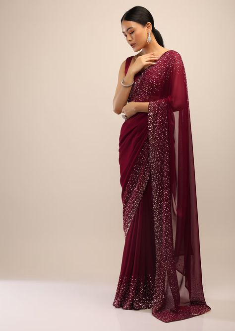 Maroon Saree In Georgette With Kundan Embellished Border Red Sequin Saree, Chiffon Saree Party Wear, Maroon Saree, Party Wear Sarees Online, Saree Wearing Styles, Pure Georgette Sarees, Sequin Saree, Kalki Fashion, Fancy Sarees Party Wear