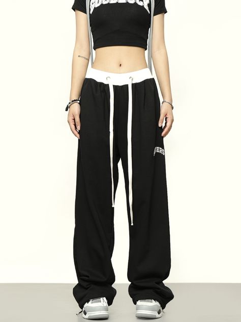 Embroidery Letter Hip-hop Women's Pants Street Dance Spliced Drawstring Design Trousers European Patchwork Trousers, Korean Pants, Junior Pants, Style Oversize, Baggy Sweatpants, Letter Decoration, Harajuku Streetwear, Boho Floral Dress, Grey Joggers