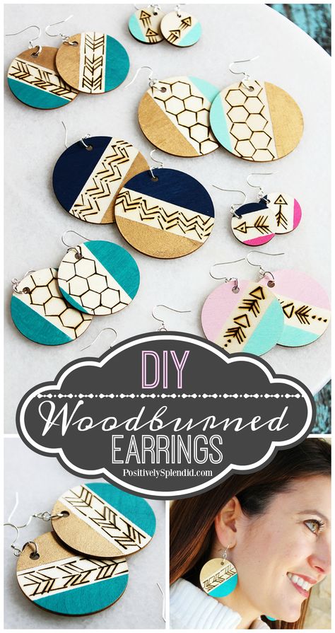 A craft tutorial for easy DIY wood burned earrings that can be made in 30 minutes or less with basic supplies. A terrific handmade gift idea! Free Jewelry Making Projects, Diy Gifts Cheap, Wood Jewelry Diy, Wood Burning Crafts, Easy Diy Gifts, Jewelry Making Project, Craft Tutorial, Handmade Jewelry Gift, Wooden Earrings