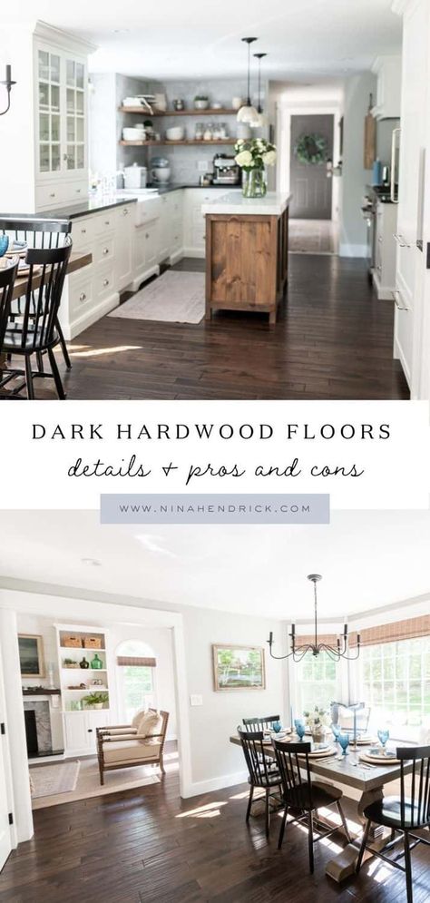 Dark Wood Floors Farmhouse, Darker Wood Floors Kitchen, Dark Floors With Light Furniture, Kitchen Colors Schemes Dark Floors, Coastal Dark Floors, Farmhouse Dark Floors, Dark Flooring Kitchen Ideas, Dark Flooring Dining Room, Dark Floors Home Decor