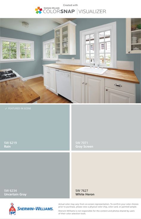 I want my house these colors. They feel beachy and cheerful. Sky Blue Kitchen Walls, Wall Color With Tan Tile, Coastal Kitchen Palette, Grey And Cream Kitchen Ideas, Coastal Kitchen Wall Colors, Rain Paint Color Sherwin Williams, Living Area Color Schemes, Rain By Sherwin Williams, Sw Rain Paint