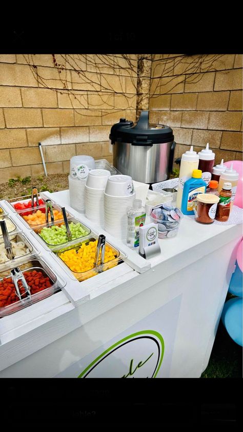 Snack Carts Ideas, Elotero Man Cart, Elote Stand Party, Elote Party Station, Elote Cart Ideas, Snack Cart Business, Esquite Bar Party, Snack Bar Business Ideas, Diy Snack Cart For Parties