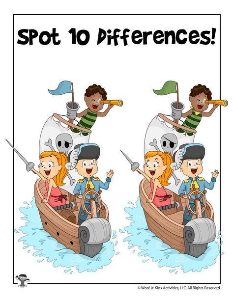 Pirate Game - Spot the Differences | Woo! Jr. Kids Activities Find Out The Difference, Find Different Pictures For Kids, Kids Car Activities, Summer Worksheets For Kids, Pirate Games For Kids, Spot The Difference Kids, Pirate Themed Birthday Party, Pirate Coloring Pages, Pirate Activities