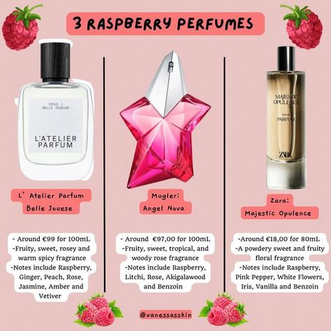 Vanessa L. on Instagram: "Do you like Raspberry notes in perfumes? Here are three quite different scents but all with a raspberry note in common! Raspberries always remind me of my childhood in Switzerland as my grandma used to have a lot of them, and I’d spend so many summer days picking them every time I went to visit her 🥺💖 ✨ Belle Jouese was gifted with no obligation to post, others were purchased by me✨" Different Scents, Goddess Braids Hairstyles, Perfume Collection Fragrance, Rose Perfume, Body Smells, Smell Goods, Rose Fragrance, Perfume Scents, Spicy Fragrance