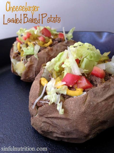 Cheeseburger Loaded Baked Potatoes - Sinful Nutrition Breakfast Burger Recipe, Scotch Egg, Mindless Eating, Broccoli Nutrition, Stuffed Baked Potatoes, Healthy Ground Beef, Breakfast Burger, Burger Toppings, Food Contest