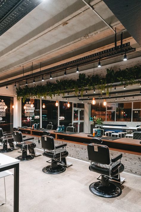 Hair By Wayne Industrial Barbershop, Modern Barber Shop, Barbershop Design Interior, High End Interior Design, Parlour Design, Barbershop Ideas, Gerobak Dorong, High End Interior, Barber Shop Interior