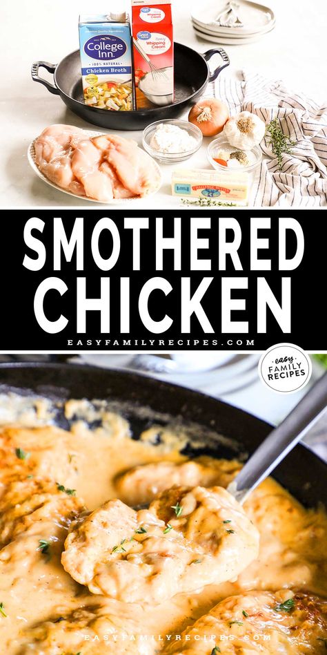 Smothered Chicken Breasts with Gravy is a cozy and EASY dish that brings comfort to any table! Juicy pan-friend chicken is nestled in a pan of rich, savory gravy for a kid-friendly weeknight dinner done in under 30 minutes. A Southern-style chicken recipe the whole family will love! Kid Friendly Chicken Breast Recipes, Smothered Chicken Breast, Moist Chicken Breast, Oven Baked Chicken Breasts, Smothered Chicken, Skillet Dinners, Chicken Gravy, Breast Recipe, Baked Chicken Breast