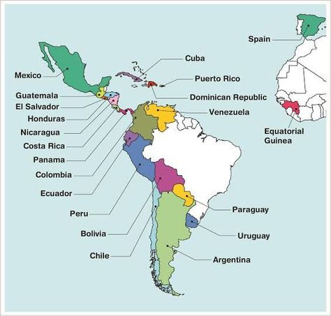 Globally, there are more than a dozen Hispanic countries and one territory: Argentina, Bolivia, Chile, Colombia, Costa Rica, Cuba, Dominican Republic, Ecuador, El Salvador, Guatemala, Honduras, Mexico, Nicaragua, Panama, Paraguay, Peru, Puerto Rico, Spain, Uruguay and Venezuela. Spanish Speaking Countries Map, Latin America Map, Hispanic Countries, Spanish Notes, Listening Activities, Spanish Games, Spanish Lessons For Kids, Country Studies, Map Worksheets