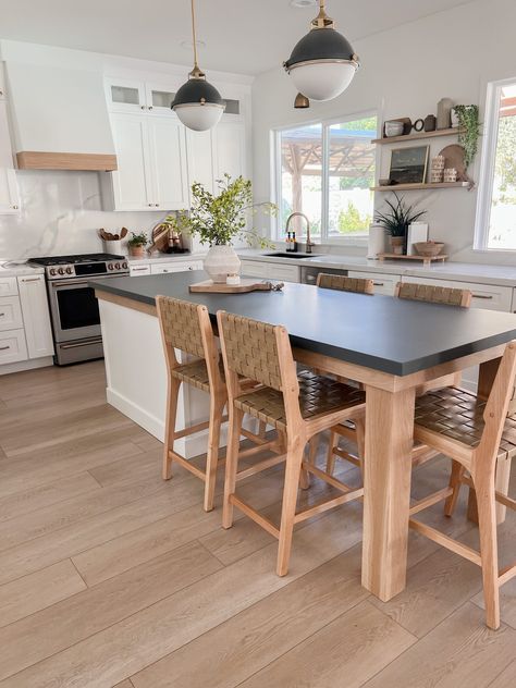 Island With Wooden Counter Top, Diy Kitchen Island With Seating For 6, Kitchen Island Plus Table, Long Island Kitchen Ideas, Gally Kitchen Island, Narrow Island With Seating At End, Small Eat In Kitchen With Island, Small Kitchen With Big Island, Kitchen Island With Table Seating