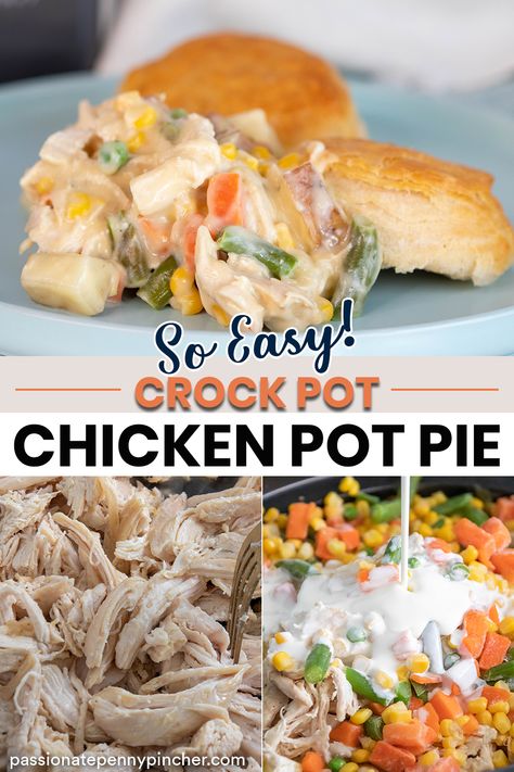 My family always appreciates a good Homemade Chicken Pot Pie so I set on a mission to find one that would work in my old… faithful… crockpot. This recipe includes very basic ingredients along with some shortcuts to help you save even more time. One time saving tip is using a rotisserie chicken. This is an item that you want to grab at your next Costco or Sam's Club run. This crock pot chicken pot pie could not be easier to whip together. I promise you're gonna love this one. Chicken Pot Pie Casserole In Crock Pot, Chicken Pot Pie In A Crockpot, Chicken Pot Pie Recipe Crockpot Easy, Pot Pie In Crock Pot, Bisquick Chicken Pot Pie Crockpot, Chickenpotpie Recipes Crockpot, Crock Pot Pot Pie Chicken, Easy Crockpot Chicken Pot Pie With Biscuits, Rotisserie Chicken Pot Pie Crock Pot