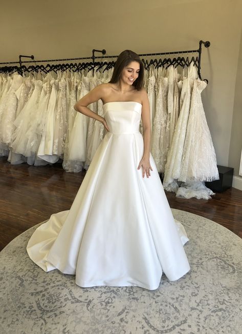 Satin Deb Dress, Satin A Line Wedding Dress Strapless, Simple Satin Wedding Dress Ballgown, Simple Wedding Dress Bow Back, Classic Ballgown Wedding Dress Simple, Strapless Satin Wedding Dress Ballgown, White Satin Strapless Wedding Dress, A Line Ball Gown Wedding Dress, Silk Ballgown Wedding Dress