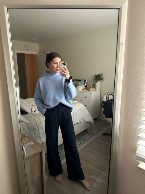 Wide Leg Blue Pants Outfit Work, Grey Blue Sweater Outfit, Tailored Pants Outfit Fall, Blue Pants Office Outfit, Blue Sweater Work Outfit, Business Casual Outfits Law Firm, Work Outfit Blue Pants, Work Outfit Sweater, Light Blue Work Outfit