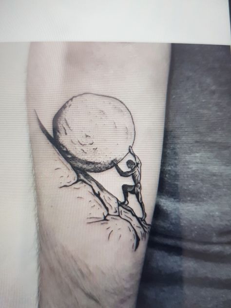 Myth Of Sysiphus Tattoo, Sisphyus Tattoo, Sysiphus Drawing, Atlas Tattoo Simple, Myth Of Sisyphus Tattoo, Sisyphus Art, Philosophy Tattoo, Sisyphus Tattoo, Mental Crisis