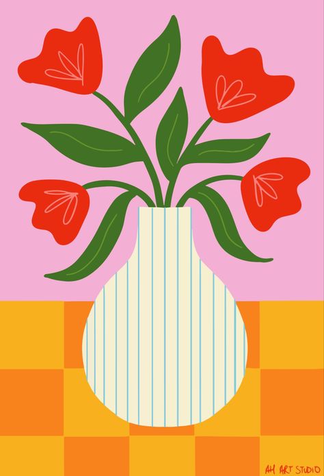 Flowers Illustration Simple, Beginner Art Ideas, Flower Vase Illustration, Still Life Illustration, Graphic Painting, Flower Still Life, Ipad Painting, Nursery Illustration, Flowers In A Vase