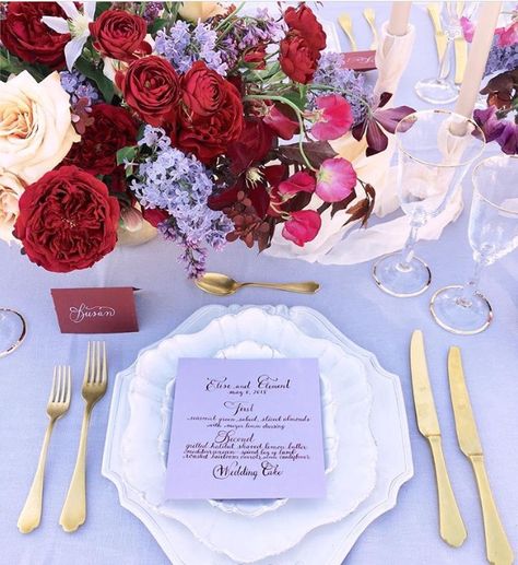 Red and lavender tablescape by Lavender's Flowers Lavender And Red Wedding, Red Purple Wedding, Red Wedding Flowers Bouquet, Flowers Red Rose, Red And Purple Wedding, Lavender Color Scheme, Lemon Wedding Cakes, Lavender And Red, Purple Wedding Ideas