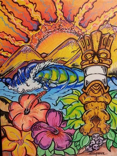 Surfing art-Sean Farmer- Secret Tiki surf spot by SPLDRAGER on ... Drawing Ideas Colorful, Surf Artwork, Retro Surf Art, Surfing Art, Tiki Art, Safe Harbor, Surf Art, Coloring Book Art, Art Collage Wall