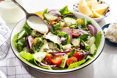 The 5-Ingredient Feta Dressing I’ve Been Making for Decades Feta Salad Dressing, Feta Dressing Recipe, Layered Salads, Feta Dressing, Dressings Recipes, Cold Salads, Salad Dressing Recipes Healthy, Green Salads, Creamy Feta