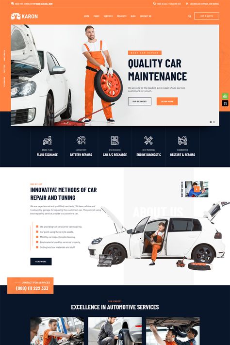 Karon is a car repair and service WordPress theme designed to help your car repair business build a strong online presence and attract new customers. It features a clean and modern design, user-friendly interface, and powerful features to showcase your services, manage appointments, and build trust with potential clients. Auto Repair Website Design, Mechanic Website Design, Car Repair Website Design, Mechanic Website, Logistics Design, Website Design Inspiration Layout, Mobile Mechanic, Service Ideas, Battery Repair