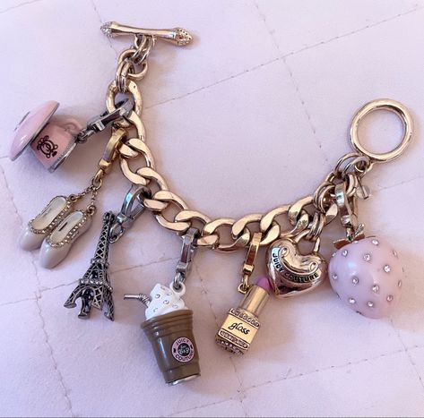 2000s Charm Bracelet, 2010s Jewelry, Y2k Charm Bracelet, Juicy Charm Bracelet, Juicy Couture Charm Bracelet, Tower Makeup, 2010 Jewelry, Hanna Marin Aesthetic, 2000 Accessories