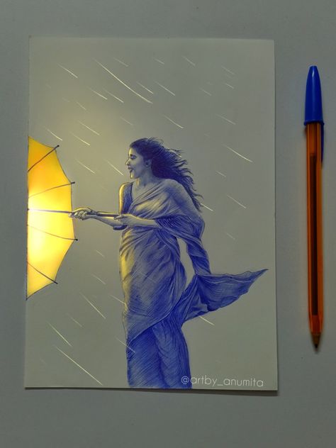 pen sketch of a woman with umbrella in the rain Black And White Pen Drawings, Sketch Pens Art, Sketch Pen Art Colour, Blue Pen Sketch Simple, Colour Pen Art, Colour Pen Drawing, Glow Sketch, Pen Sketch Drawing, Baby Groot Drawing