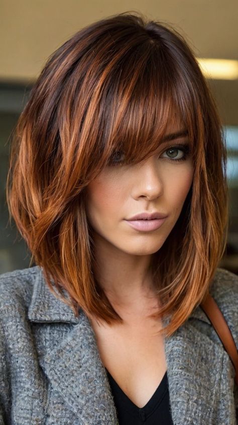 Effortless Side-Swept Bangs with Fall Hair Colors Copper Highlights for a Chic Look 💖 Brunette Copper Hair Color, Dark Auburn With Highlights, Reddish Brown Hair With Money Piece, Dark Red Hair With Copper Highlights, Highlight Red Hair, Auburn Hair With Copper Highlights, Fall Hair Colors For Blondes Medium Length, Copper Money Piece Hair Brunette, Hairstyles Fall 2024