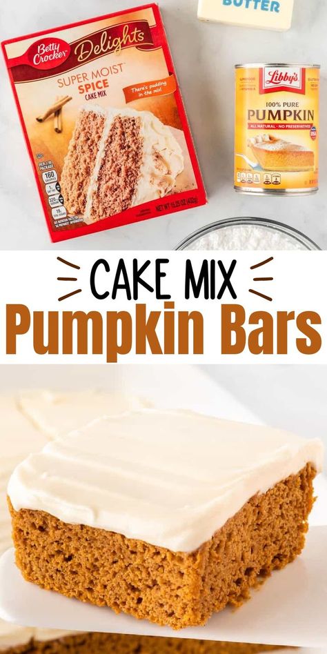 Cake Mix Pumpkin Bars, Cake Mix Pumpkin, Easy Pumpkin Bars, Pumpkin Cake Mix, Homemade Cream Cheese Frosting, Pumpkin Dump Cake Recipe, Spice Cake Mix And Pumpkin, Cake Bars Recipe, Homemade Cream Cheese