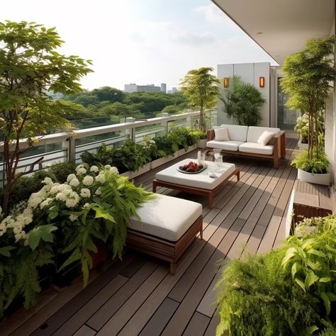 Terrace Garden Ideas for Home - An Essential Guide for Beginners Terasa Ideas Terraces Balconies, Apartment Terrace Design, Balcony Design Ideas Modern, Roblox House Ideas, Terrace Garden Design Ideas, Modern Apartment Balcony, Balcony Landscape, Penthouse Garden, Modern Balcony Design