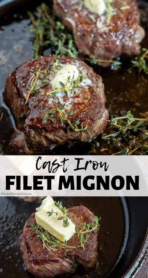 Cooking Filet Mignon in Cast Iron Pan is the easiest way. Pan seared filet mignon gets finished off in the oven for a great outer crust and juicy, tender inside. Top with herbs and butter for the ultimate steak dinner recipe. #filetmignonrecipes #filetmignon #steakrecipes #dinnerrecipes #easydinnerrecipes #lowcarbrecipes #ketorecipes Cast Iron Filet Mignon, Pan Seared Filet, Seared Filet Mignon, Pan Seared Filet Mignon, Cast Iron Skillet Recipes Dinner, Filet Recipes, Steak Dinner Recipes, Filet Mignon Recipes