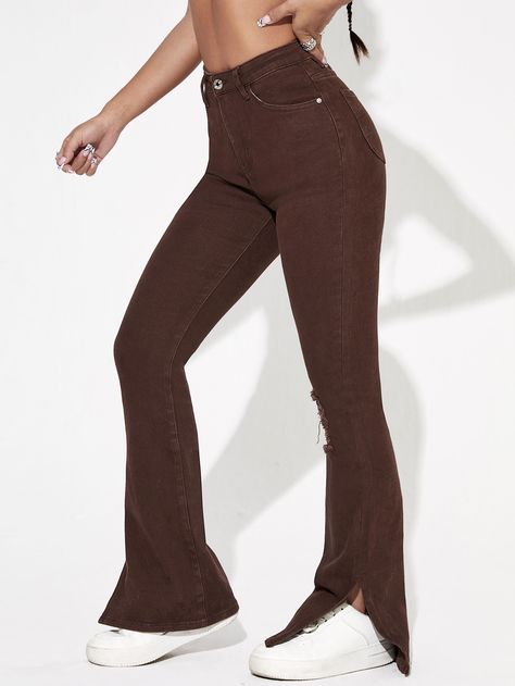 Chocolate Brown    Denim Plain Bootcut Embellished Medium Stretch  Women Denim Split Hem Jeans, Brown Flares, Brown Denim, Cute Boots, Hem Jeans, Flared Jeans, Split Hem, Outfit Idea, Chocolate Brown