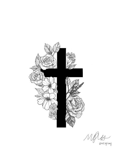 A think black cross with roses and foliage as well as some small daisies wrapped around it Christian Cover Up Tattoos, Cross Coverup Tattoo, Cross Tattoo Cover Up, Cross Tattoos For Women On Back, Cross Tattoo Cover Up Ideas, Cross With Flowers Tattoo For Women, Cross Cover Up Tattoo Ideas, Cross Roses Tattoo, Big Cross Tattoos