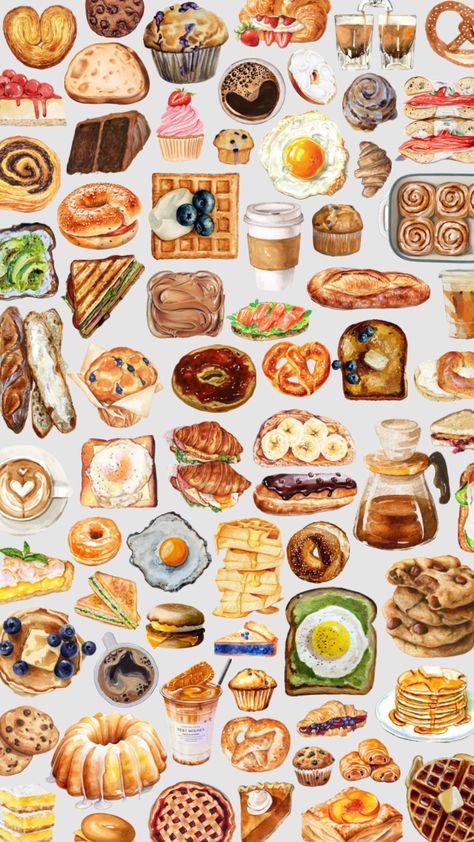 breakfast bakery wallpaper Bakery Wallpaper, Summer Themed Wallpaper, Bakery Stickers, Food Collage, Brunch Club, Food Painting, Food Wallpaper, Food Stickers, Fun Easy Crafts