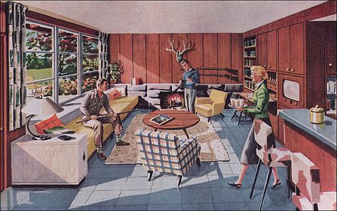 1951 Rec Room    This "rendevous-room" was designed by George Cooper for Malarkey Plywoods (which was responsible for the redwood walls). George Cooper, 50s Interior, Retro Homes, Retro Rooms, 1950s House, Vintage Interior Design, House Vintage, Mid Century Living Room, Mid Century Modern Living