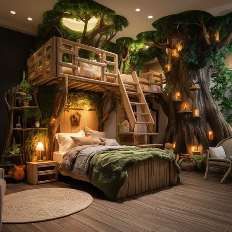 23+ Bright and Fun Decorating Ideas for Vibrant Children's Bedrooms • 333+ Images • [ArtFacade] Kid Bed Rooms, Rainforest Theme Bedroom, Funny Beds, Jungle Bedroom Kids, Jungle Theme Bedroom, Jungle Treehouse, Tree House Bedroom, Animal Themed Bedroom, Jungle Bedroom Theme