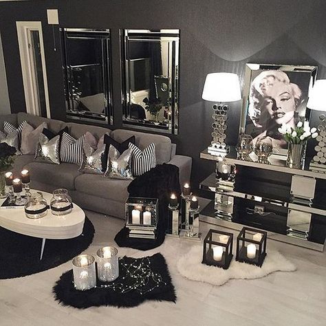 Black And Silver Living Room, Silver Living Room Decor, Black And Silver Bedroom, Silver Living Room, Silver Bedroom, Glam Living Room, Black Living Room, Space Ideas, Living Room White