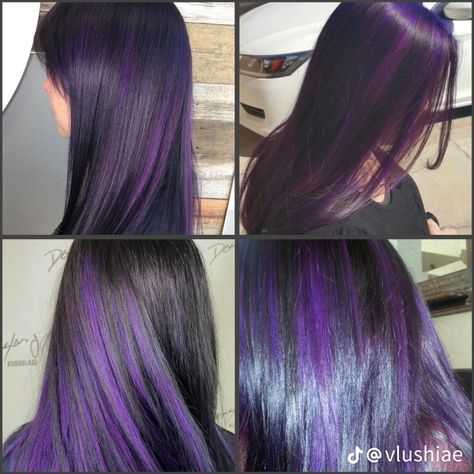 Purple Hair With Black Underneath, Purple Highlights Straight Hair, Purple Strands In Hair, Elissabat Hair, Brown Hair With Purple Streaks, Purple And Blue Streaks, Purple Streaks In Brown Hair, Purple Skunk Hair, Purple Highlights Black Hair